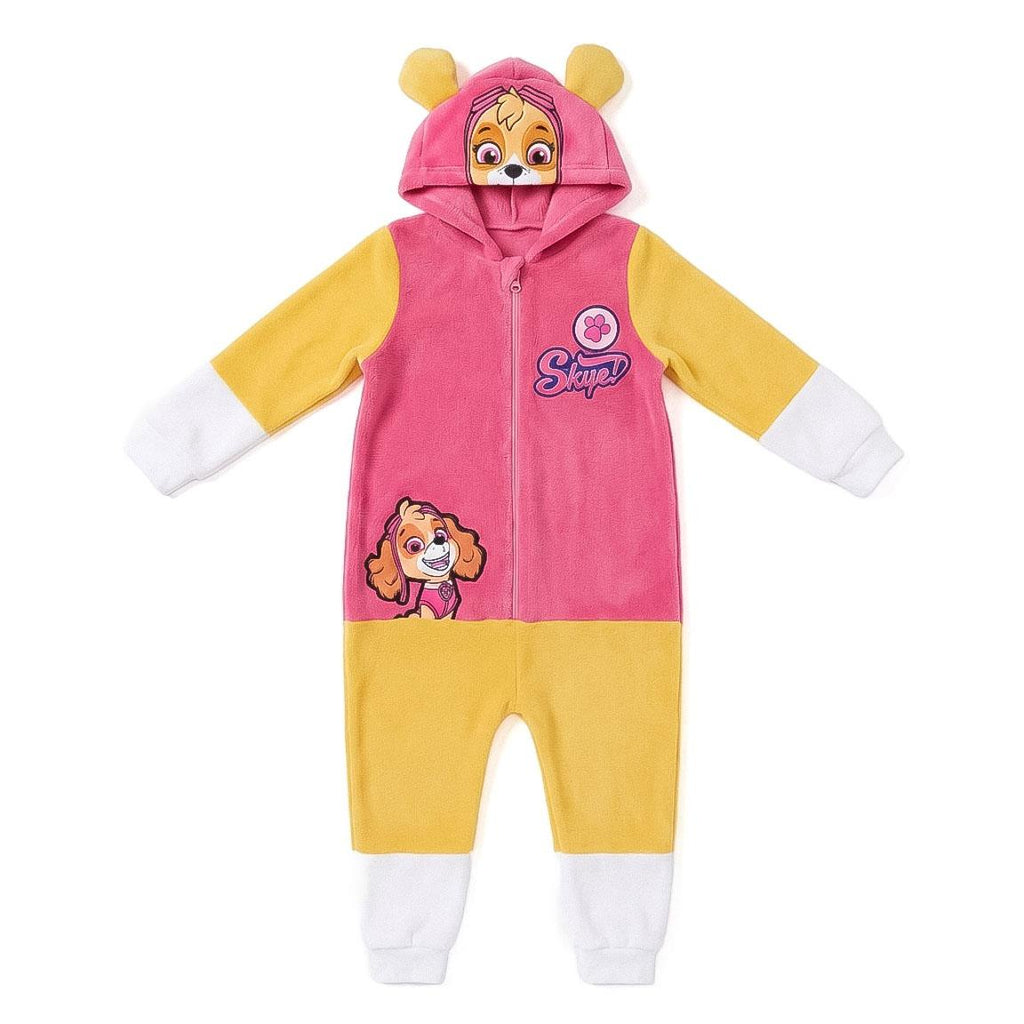 Paw Patrol Skye onesie meisjes roze en geel met capuchon en oortjes, vooraanzicht
