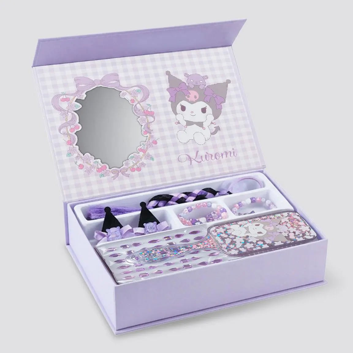 Geopende Kuromi cadeaudoos met spiegeltje in het deksel