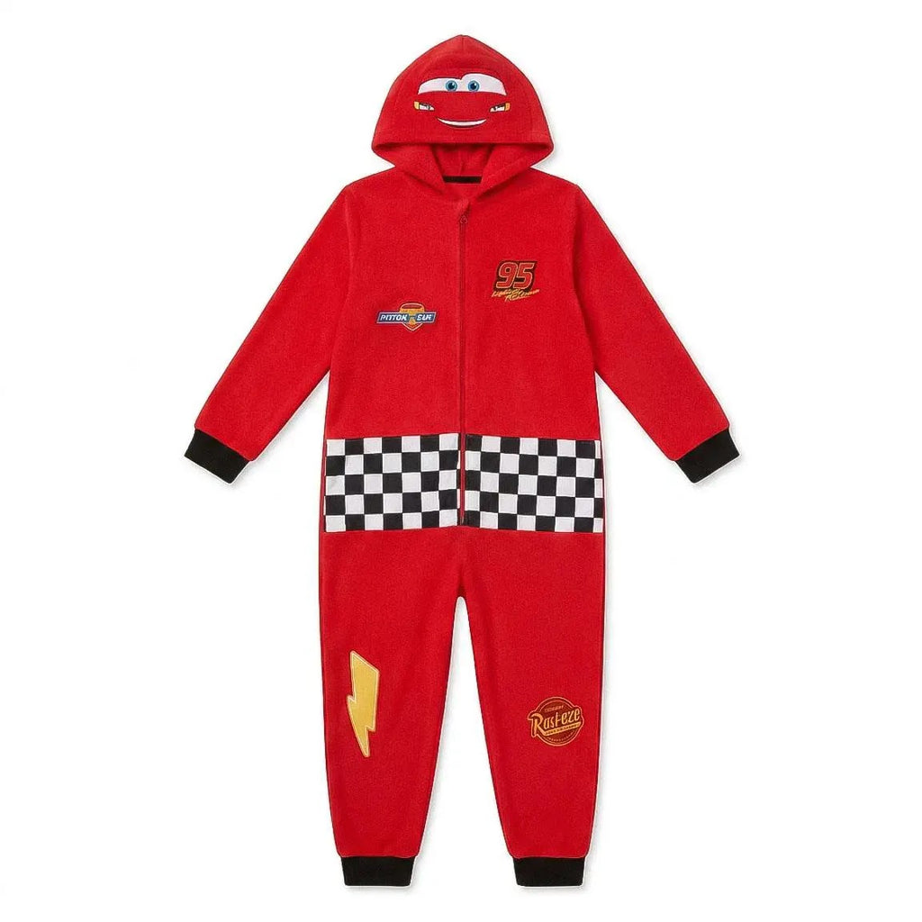 Disney Cars onesie jongens rood met Lightning McQueen capuchon en geblokte band vooraanzicht