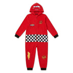 Disney Cars onesie jongens rood met Lightning McQueen capuchon en geblokte band vooraanzicht