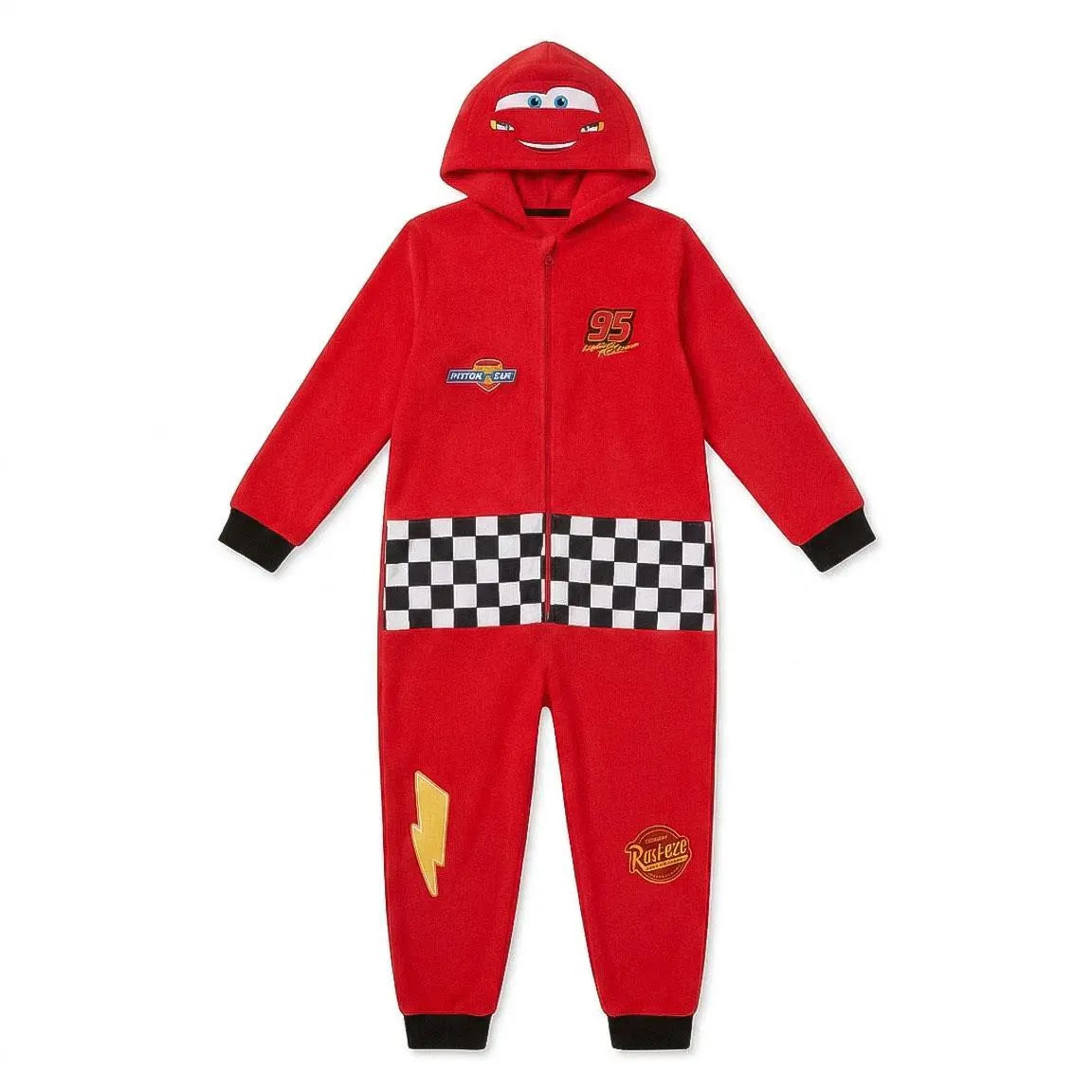 Disney Cars onesie jongens rood met Lightning McQueen capuchon en geblokte band vooraanzicht
