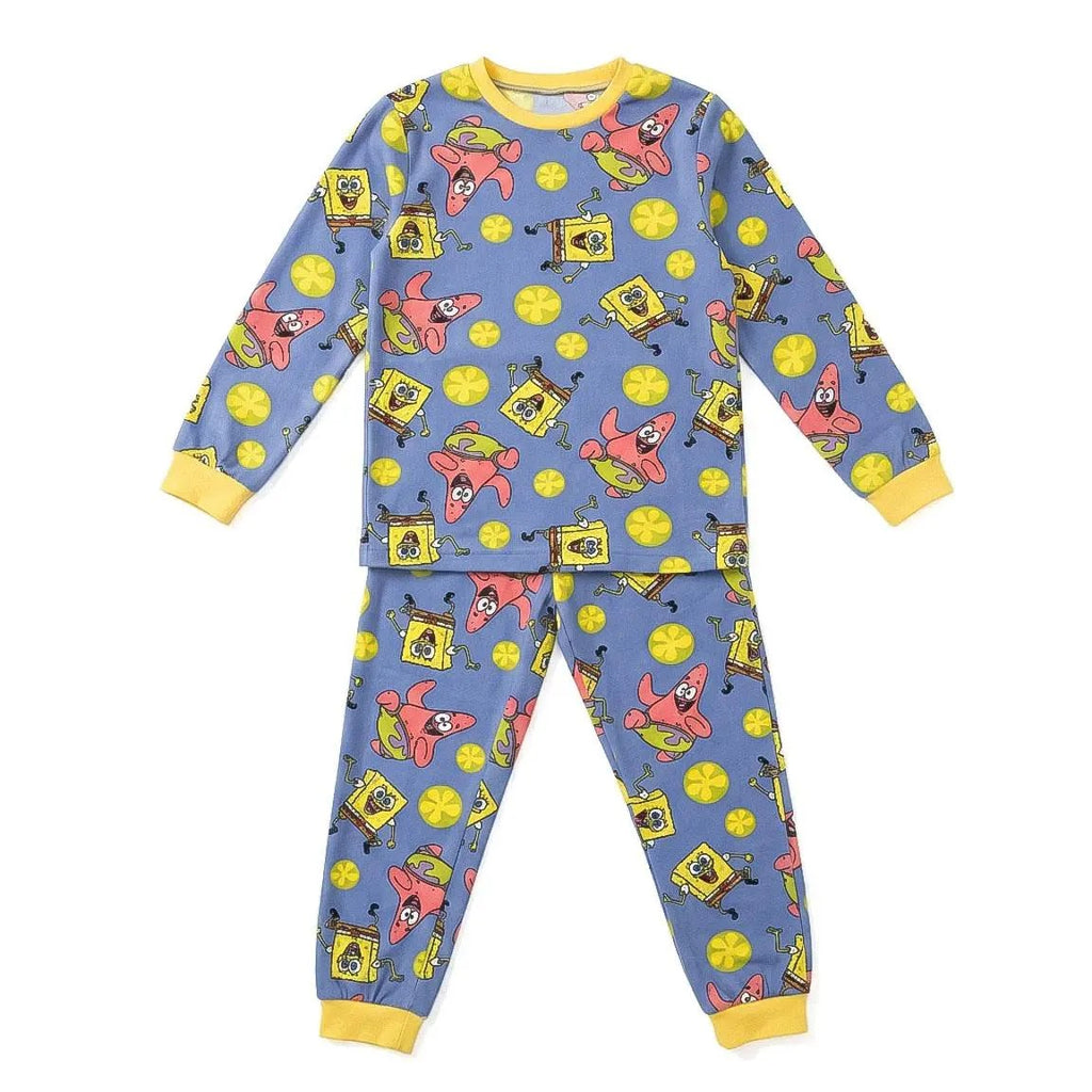 SpongeBob en Patrick fleece pyjama kinderen blauw met all-over print en gele boorden vooraanzicht