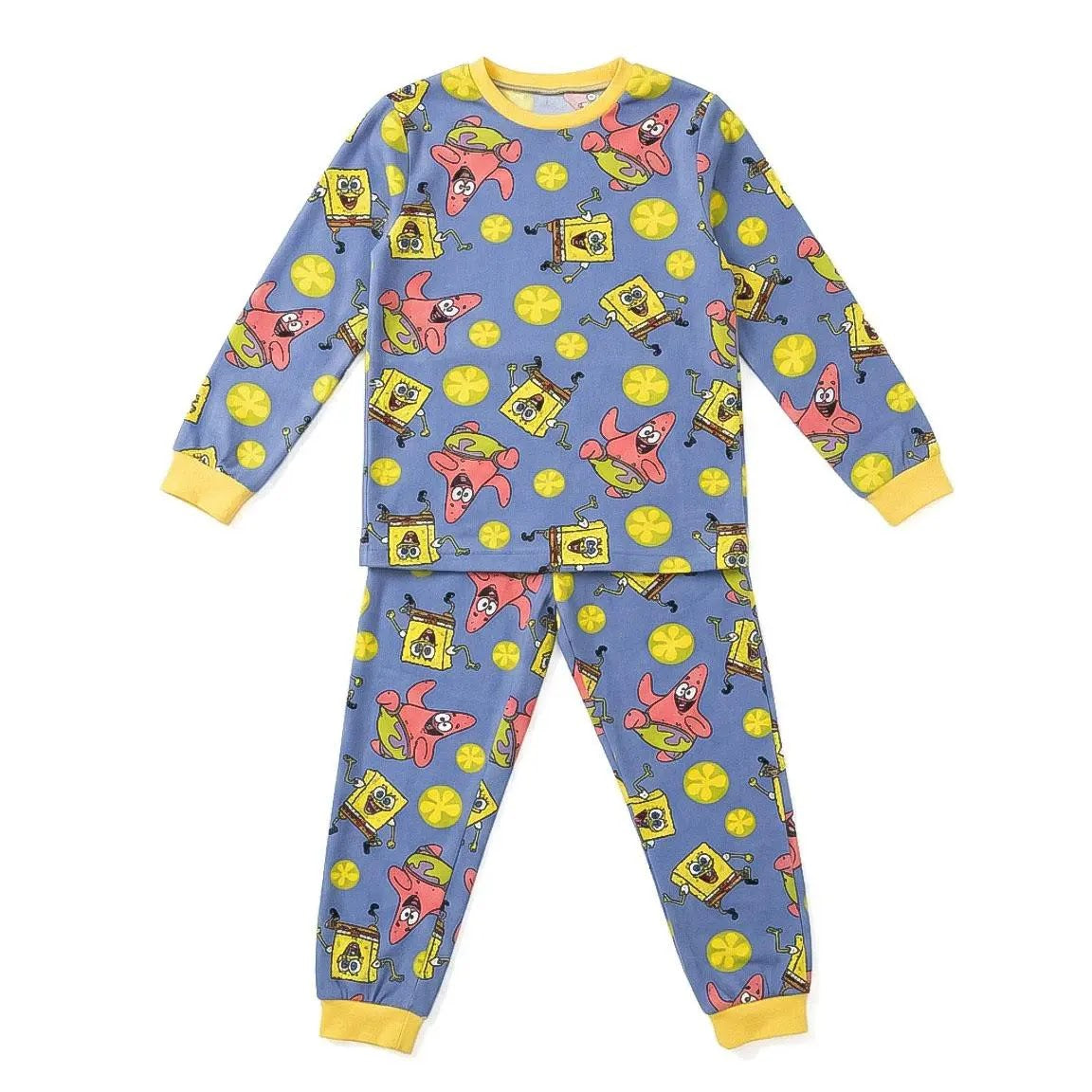 SpongeBob en Patrick fleece pyjama kinderen blauw met all-over print en gele boorden vooraanzicht