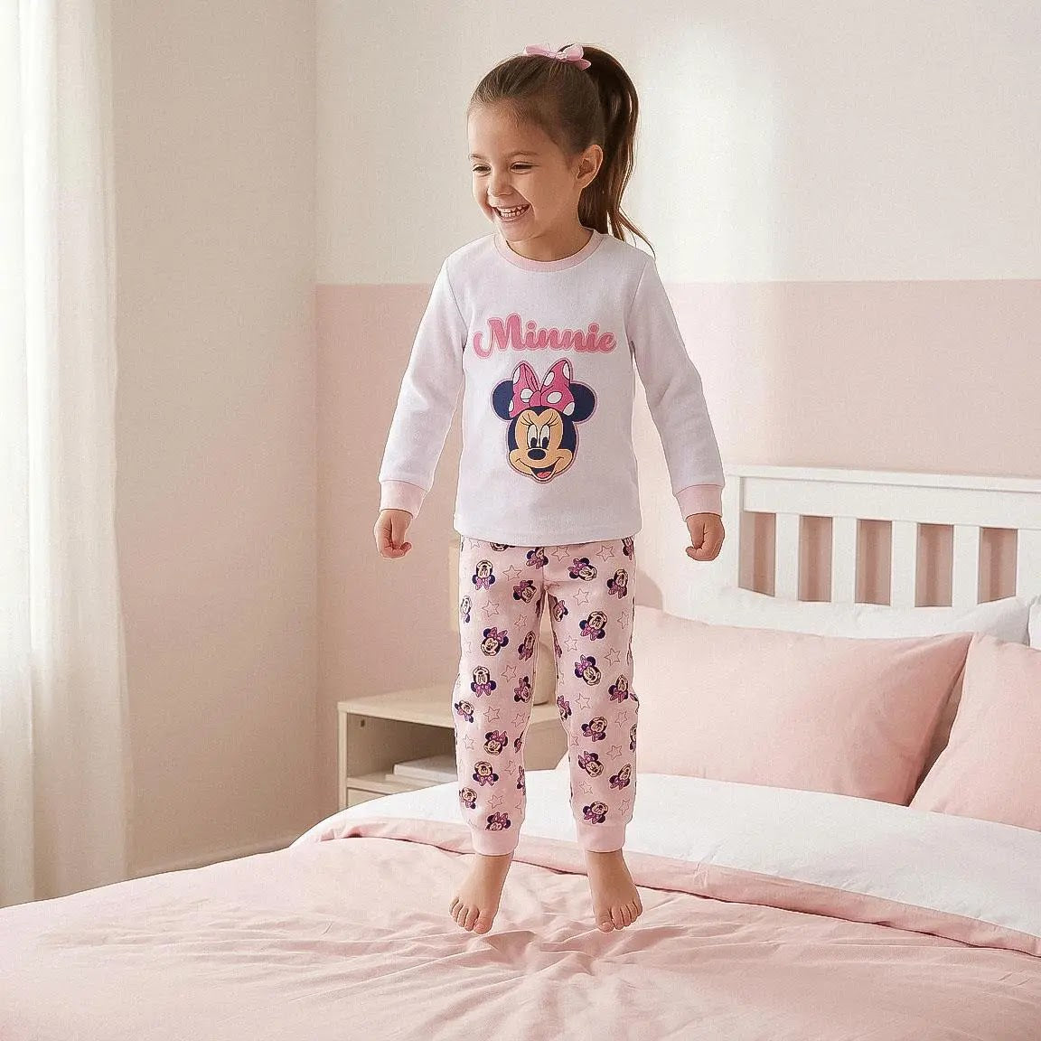Meisje op bed in de wit met lichtroze Minnie Mouse pyjama