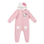 Hello Kitty onesie meisjes roze met witte capuchon, oortjes en roze strik, vooraanzicht