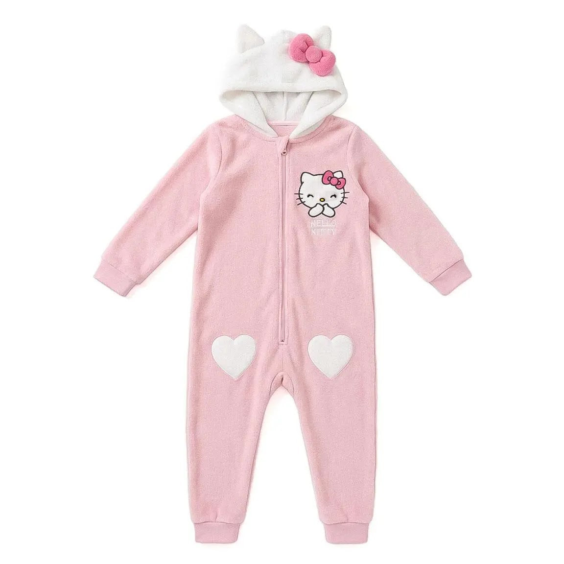 Hello Kitty onesie meisjes roze met witte capuchon, oortjes en roze strik, vooraanzicht