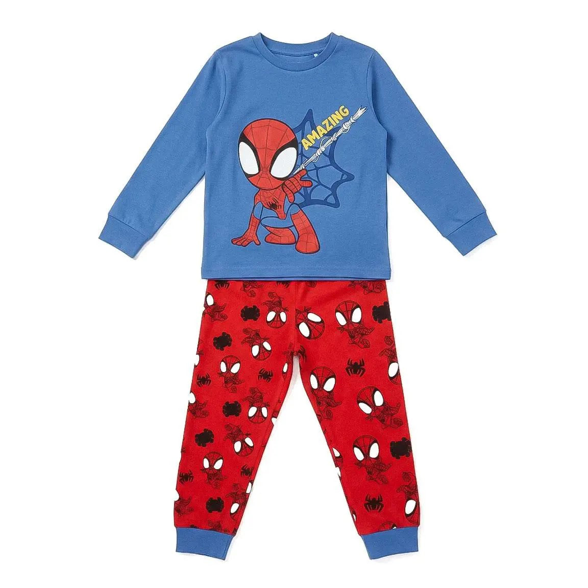 Marvel Spidey pyjama jongens met blauw shirt met Spidey print en rode broek, vooraanzicht