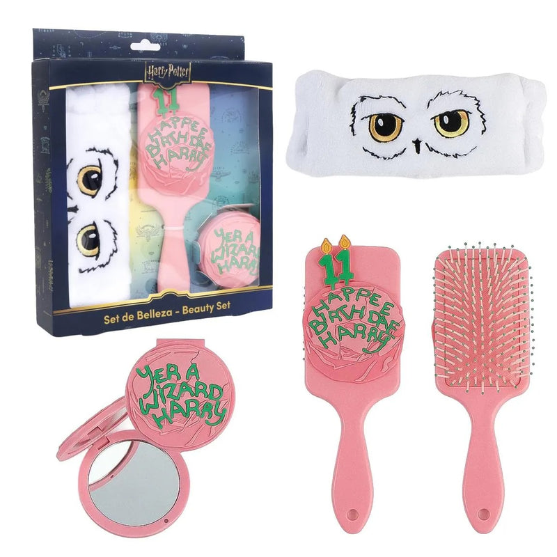 Harry Potter beautyset met roze haarborstel, klapspiegel, Hedwig haarband en cadeaudoos