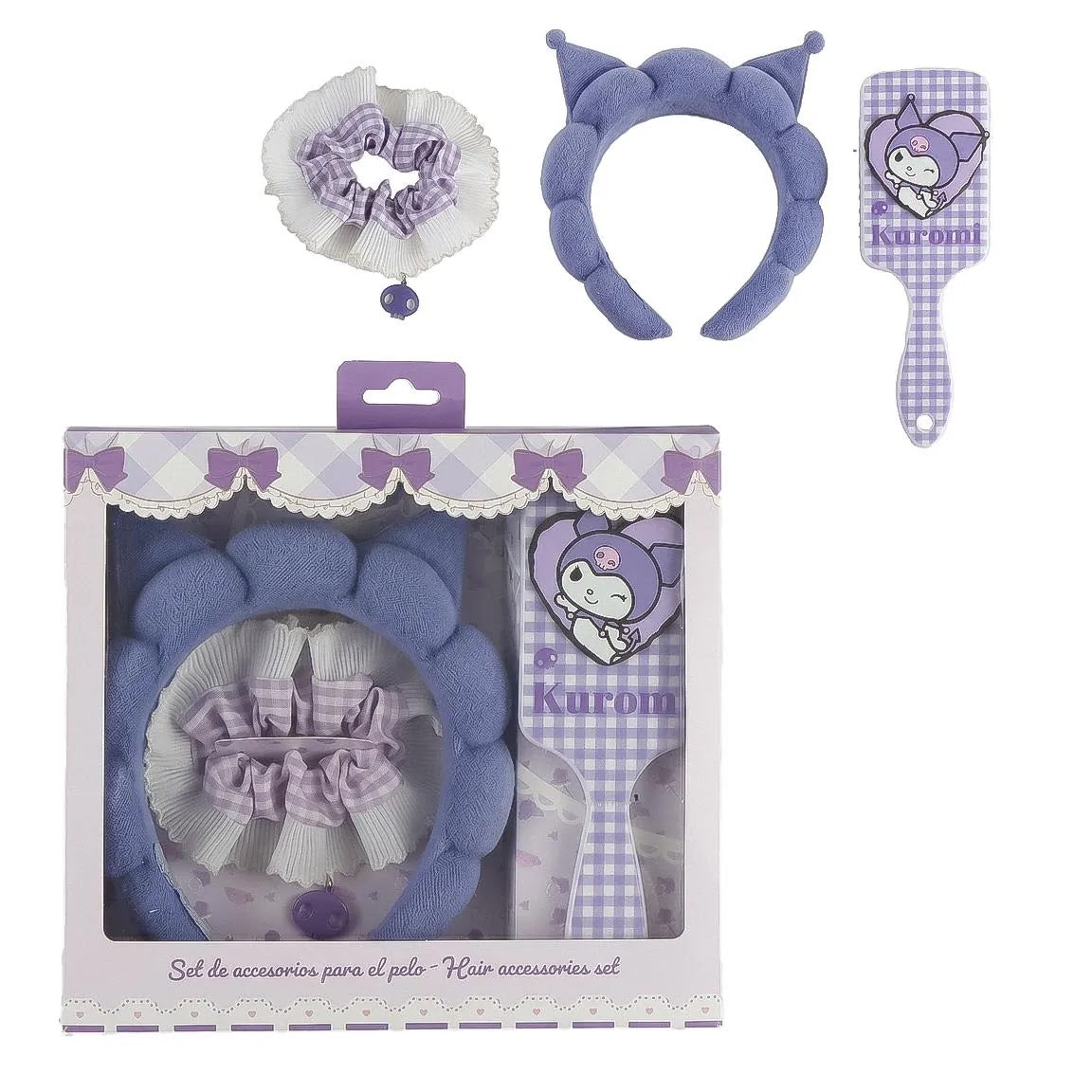 Hello Kitty Kuromi haaraccessoires set met haarborstel, diadeem met oren, scrunchie en cadeaudoos