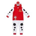 Paw Patrol Marshall onesie jongens rood en wit met vlekken, capuchon en oortjes, vooraanzicht