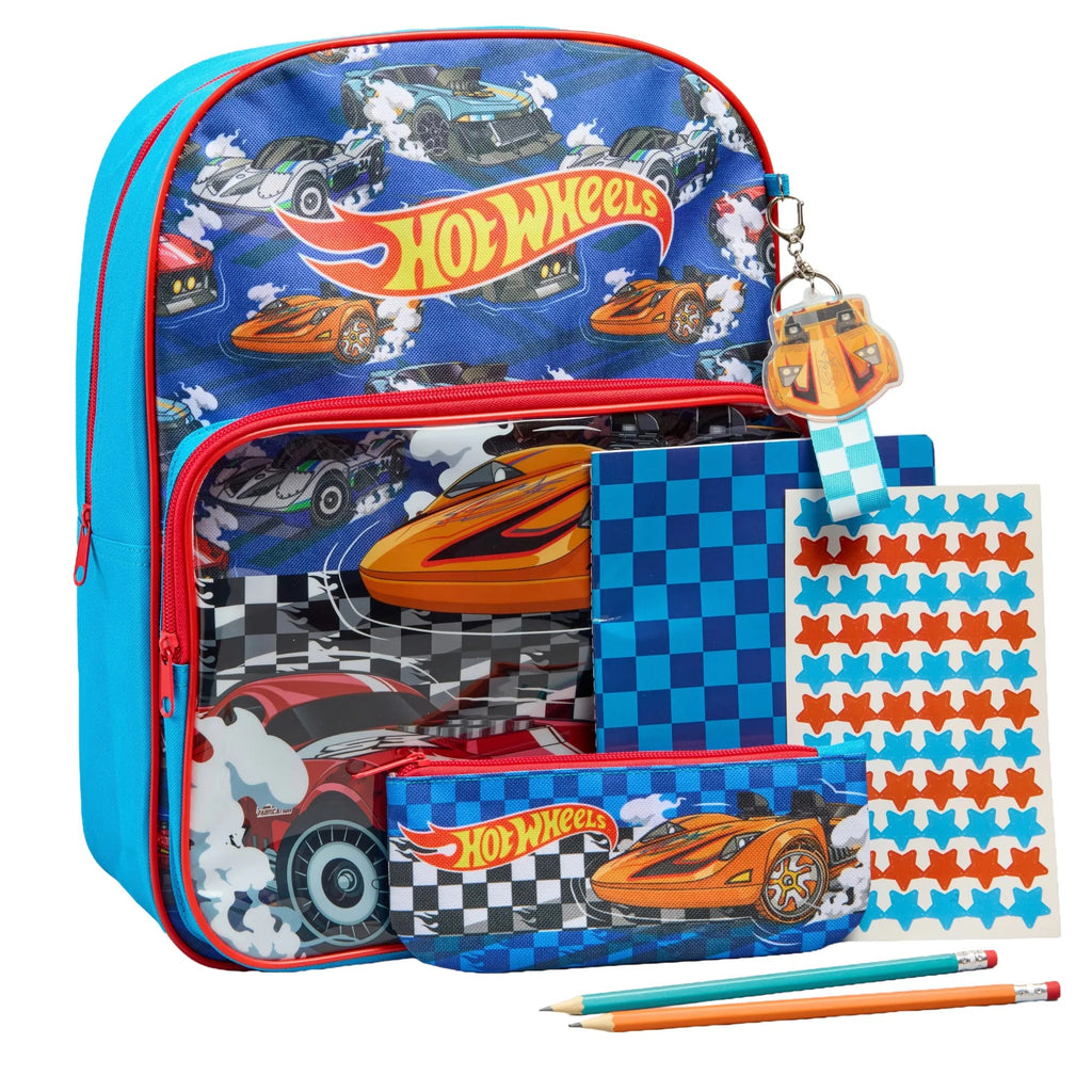 Hot Wheels rugzak set voorkant met etui en accessoires
