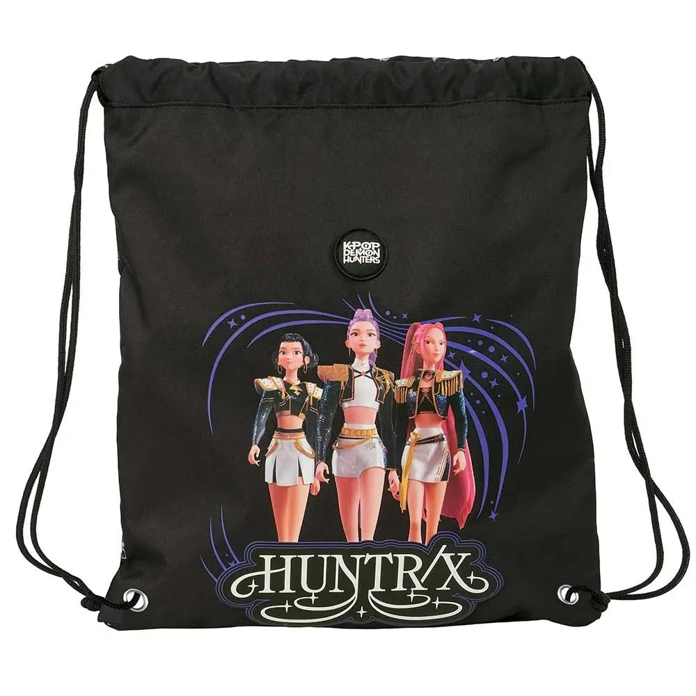Kpop Demon Hunters Huntrix gymtas en zwemtas zwart voorkant met trekkoord