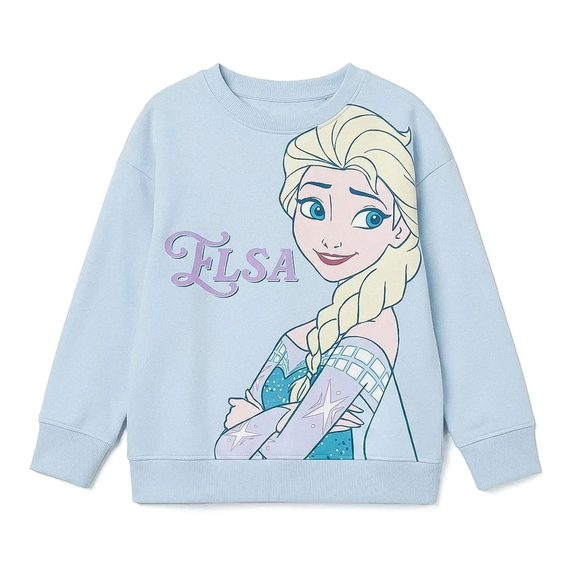 Disney Frozen Elsa sweater meisjes lichtblauw met grote Elsa print vooraanzicht