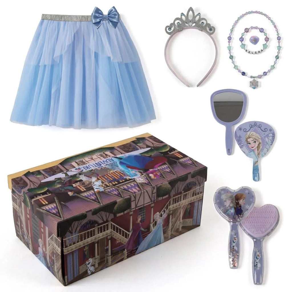 Disney Frozen beauty- en verkleedset meisjes met lichtblauw tule rokje, tiara, sieraden, borstel en spiegel bij de opbergdoos