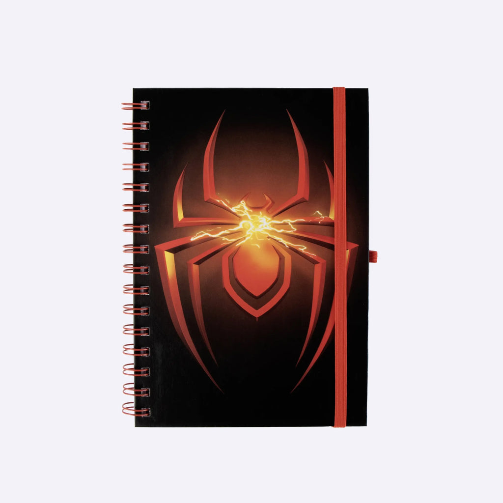 Voorkant notitieboek met gloeiend rood spinlogo