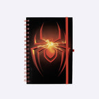 Voorkant notitieboek met gloeiend rood spinlogo