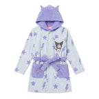Hello Kitty Kuromi badjas meisjes wit en lila met capuchon met oortjes en ceintuur vooraanzicht