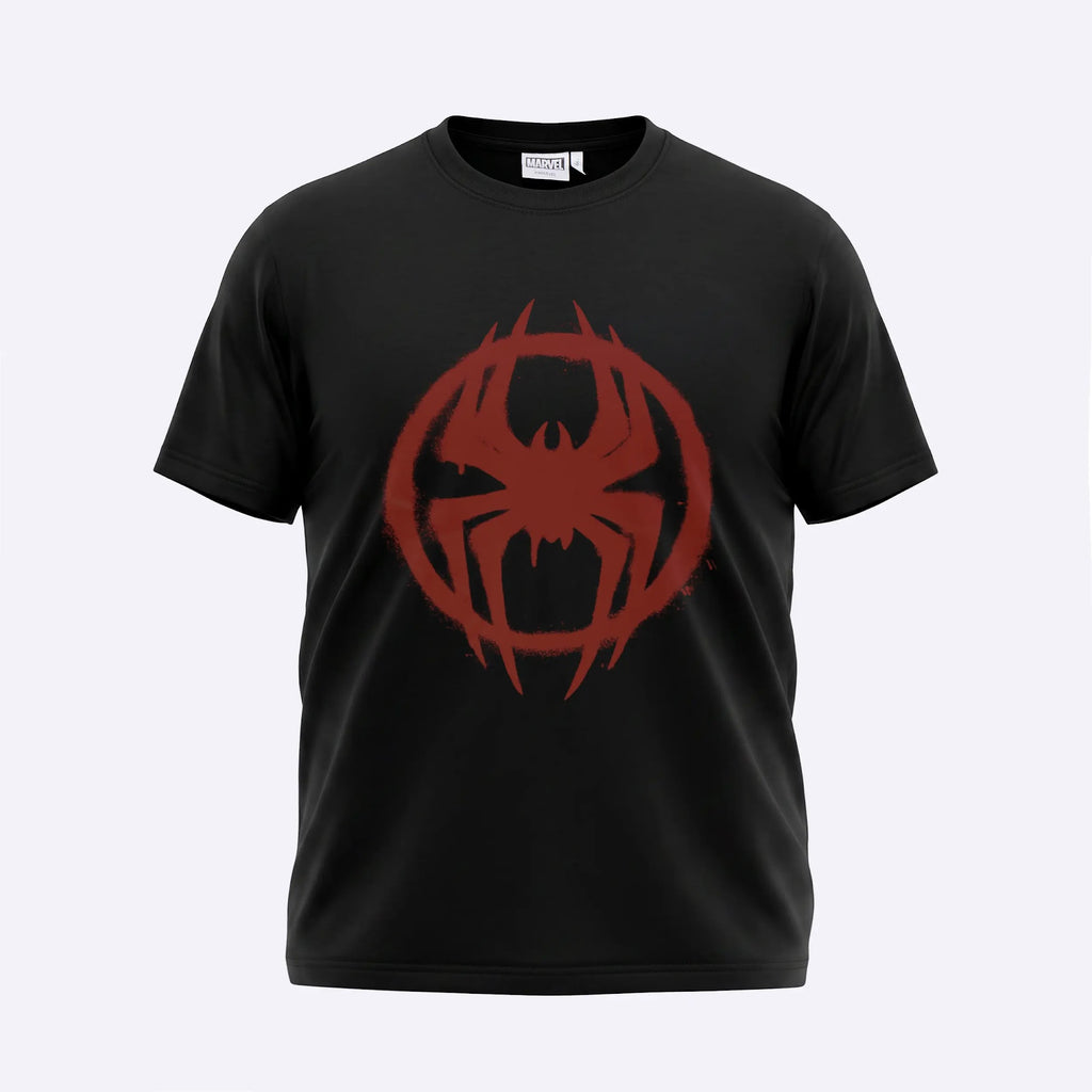 Zwart Miles Morales T-shirt voorkant met rood spinlogo