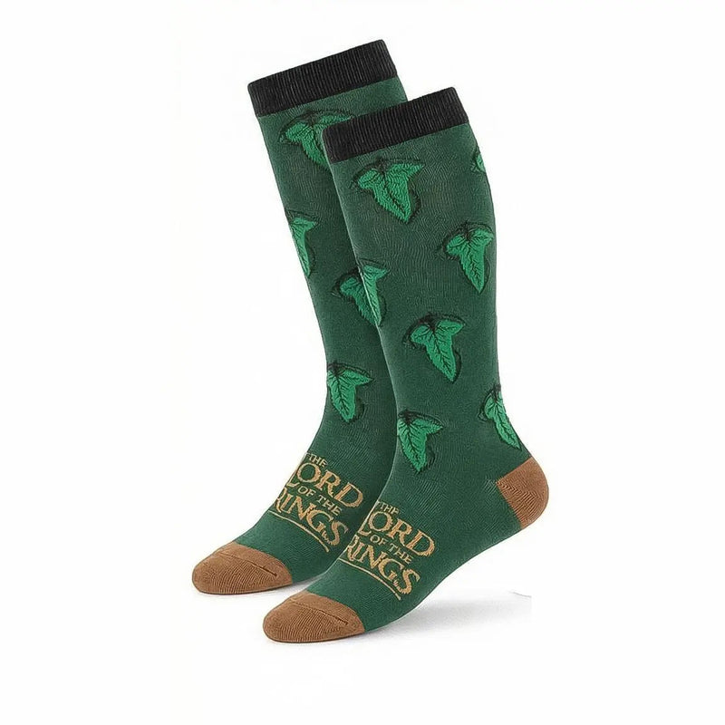 Groene Lord of the Rings sokken met elfenbladeren en bruine hiel