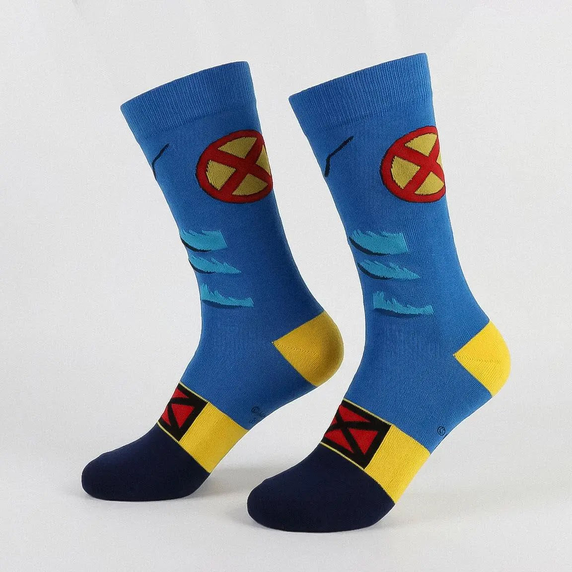 Blauwe X-Men sokken met geel en rood X-logo