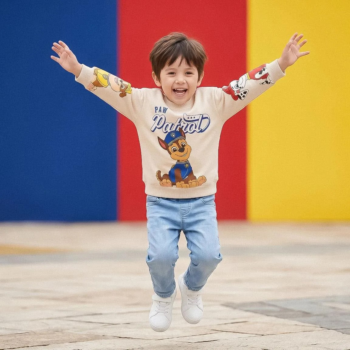 Springende jongen in de crème Paw Patrol sweater