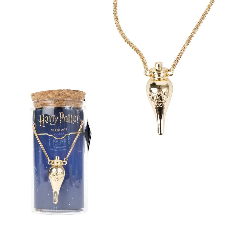 Harry Potter Felix Felicis ketting goudkleurig naast glazen flesje met kurk