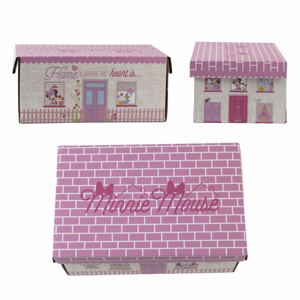 roze opbergdoos in de vorm van een huisje met Minnie Mouse