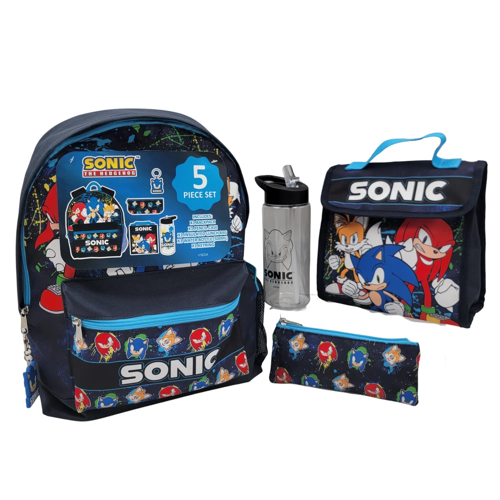 Sonic the Hedgehog 5-delige schoolset met rugzak, lunchtas, drinkfles, etui en sleutelhanger