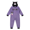 Hello Kitty Kuromi onesie meisjes paars met zwarte capuchon en oortjes, vooraanzicht