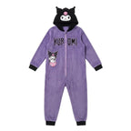 Hello Kitty Kuromi onesie meisjes paars met zwarte capuchon en oortjes, vooraanzicht