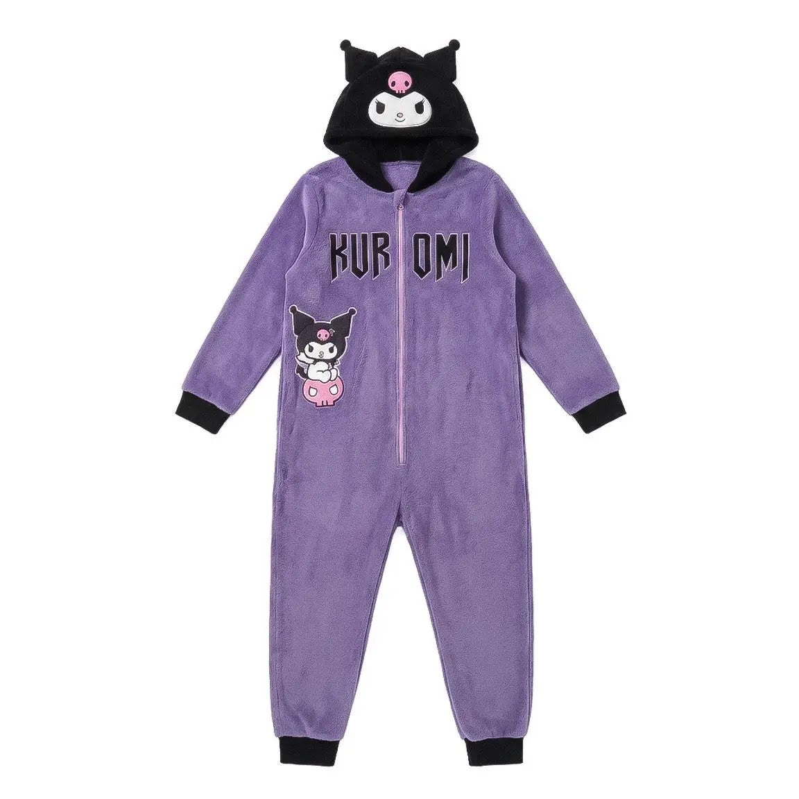 Hello Kitty Kuromi onesie meisjes paars met zwarte capuchon en oortjes, vooraanzicht