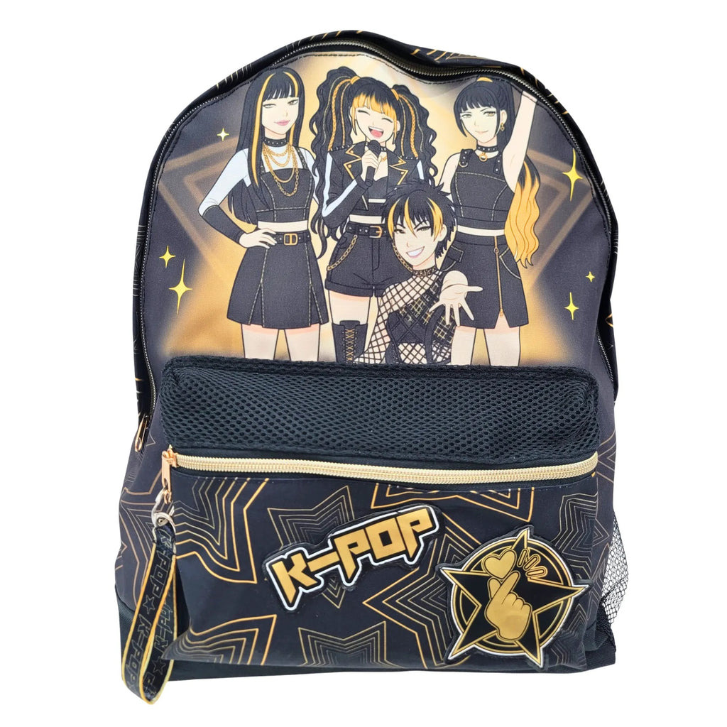 K-pop rugzak zwart met gouden sterren zijkant met voorvak
