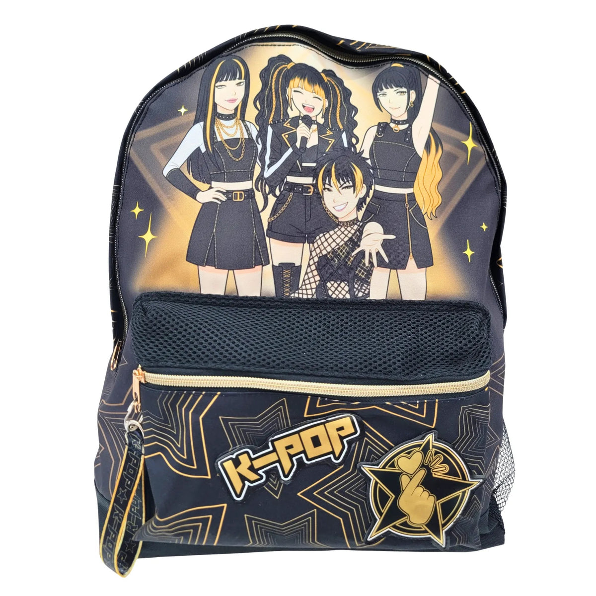 K-pop rugzak zwart met gouden sterren zijkant met voorvak
