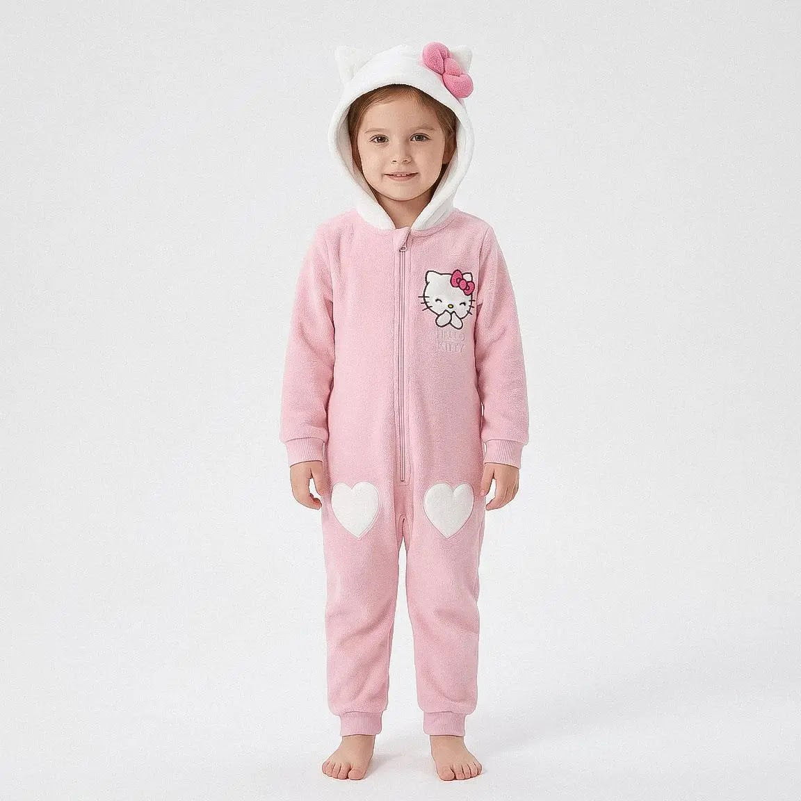 Meisje draagt de roze Hello Kitty onesie met capuchon op
