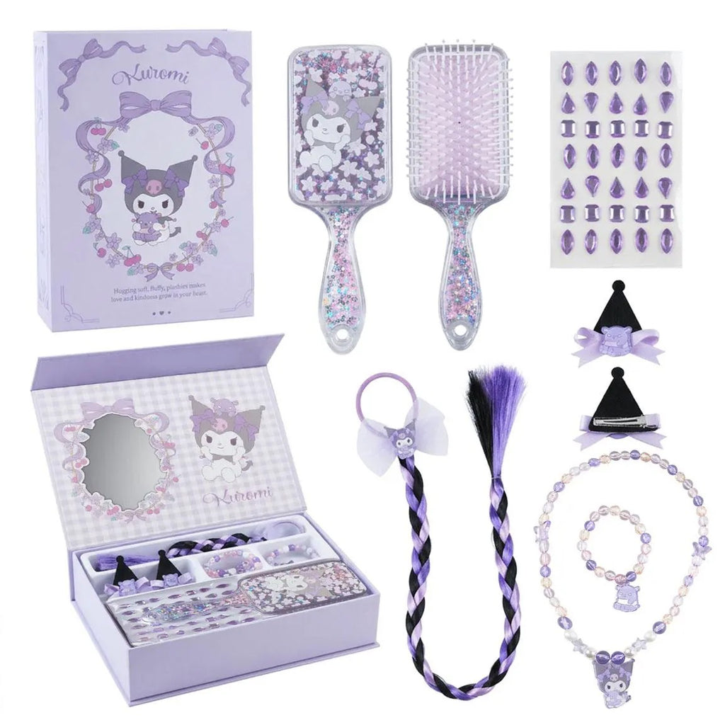 Hello Kitty Kuromi beautyset meisjes met glitterborstel, nepvlecht, sieraden en lila cadeaudoos
