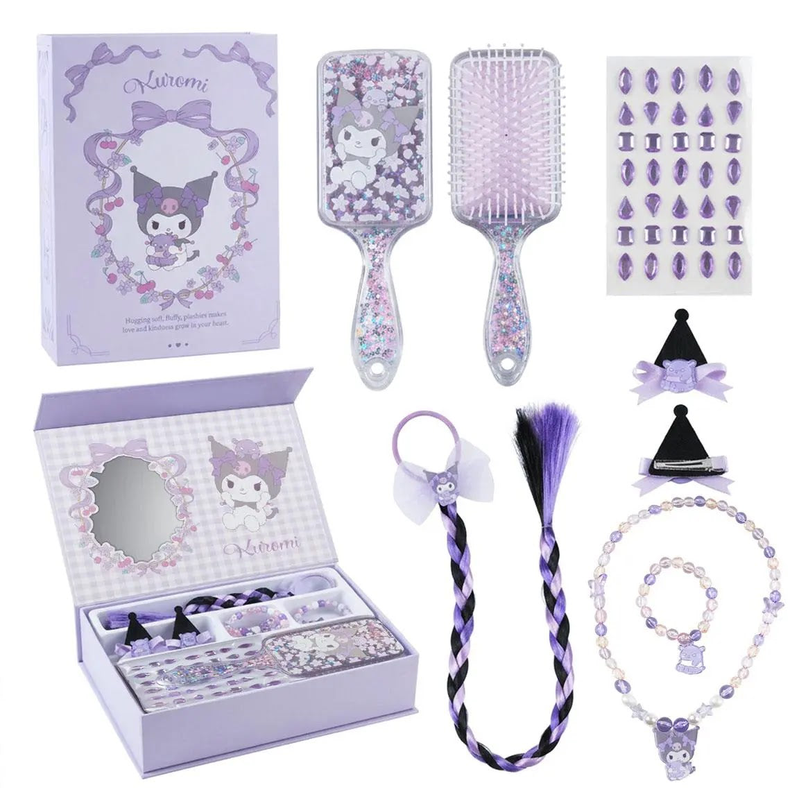 Hello Kitty Kuromi beautyset meisjes met glitterborstel, nepvlecht, sieraden en lila cadeaudoos