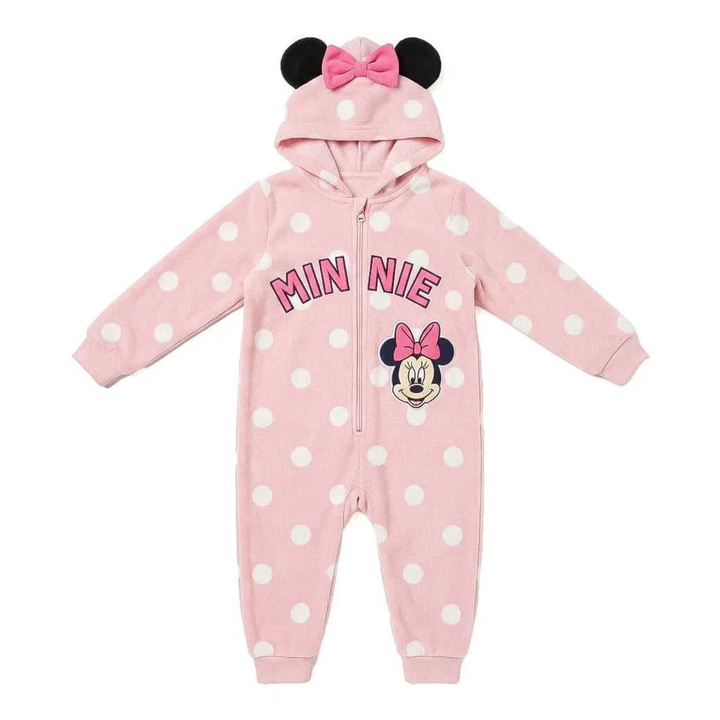Disney Minnie Mouse onesie meisjes roze met witte stippen en capuchon met oortjes vooraanzicht