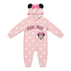 Disney Minnie Mouse onesie meisjes roze met witte stippen en capuchon met oortjes vooraanzicht