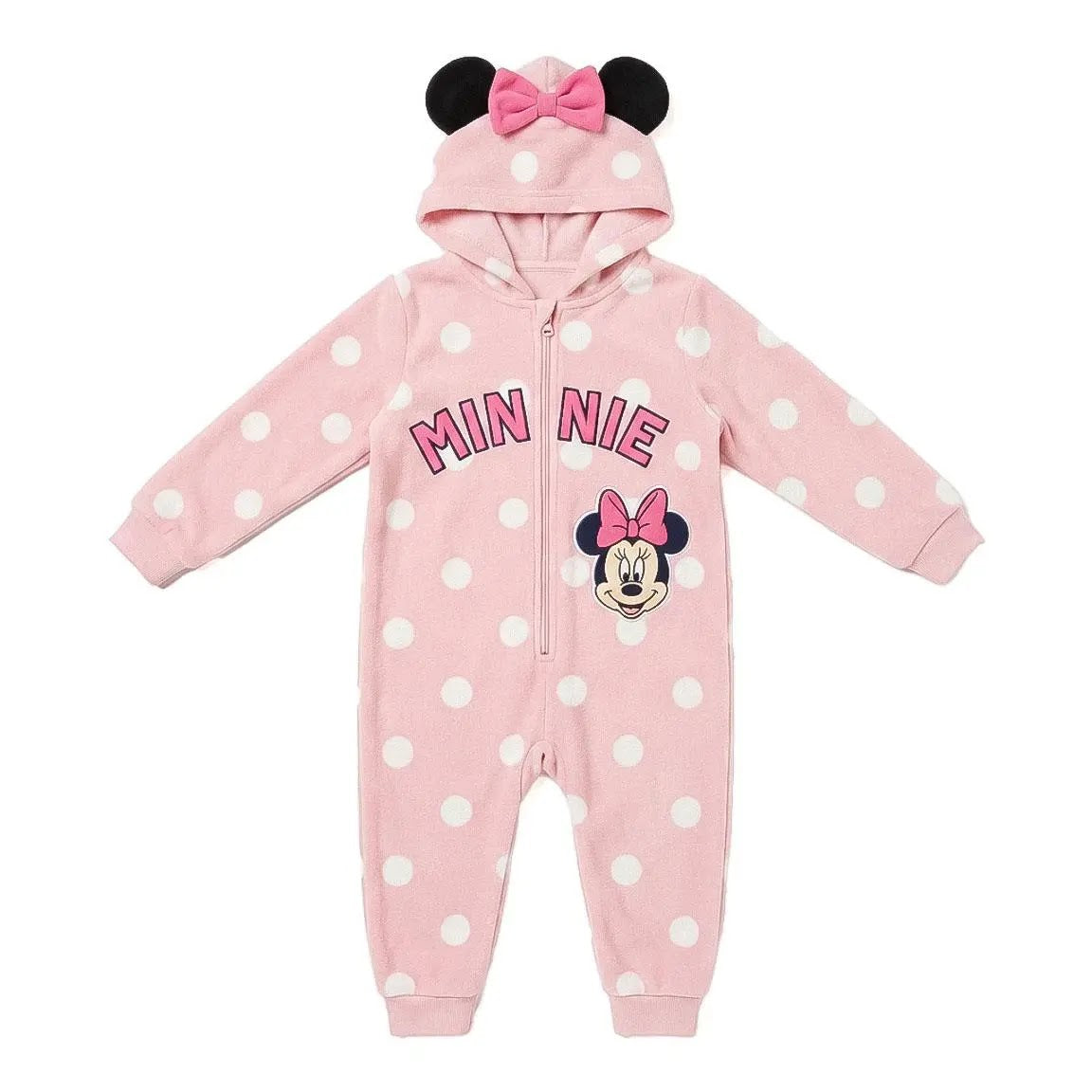 Disney Minnie Mouse onesie meisjes roze met witte stippen en capuchon met oortjes vooraanzicht
