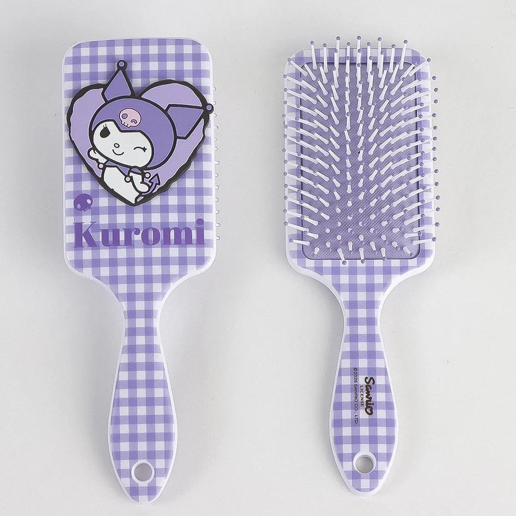 haarborstel met lila ruitjes en Kuromi voor- en achterkant