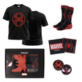 Marvel Spiderman Miles Morales cadeauset met zwart T-shirt, sokken, buttons, patches en cadeaudoos
