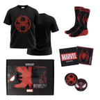 Marvel Spiderman Miles Morales cadeauset met zwart T-shirt, sokken, buttons, patches en cadeaudoos