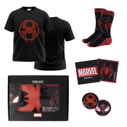Marvel Spiderman Miles Morales Cadeauset - Zwart T-shirt, Sokken 38-45, Patches en Pins