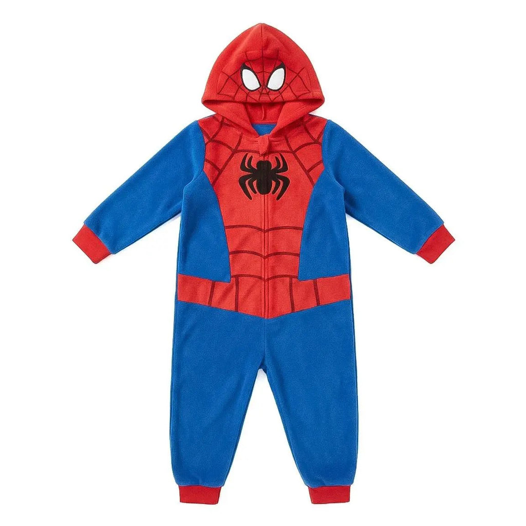 Marvel Spidey onesie jongens in rood en blauw met capuchon en spin op de borst, vooraanzicht