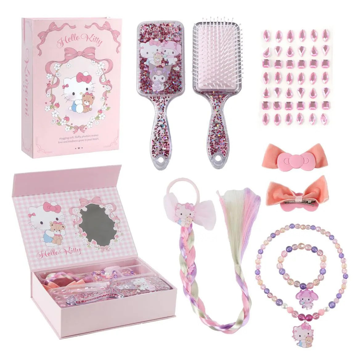 Hello Kitty beautyset meisjes met glitterborstel, nepvlecht, sieraden en roze cadeaudoos