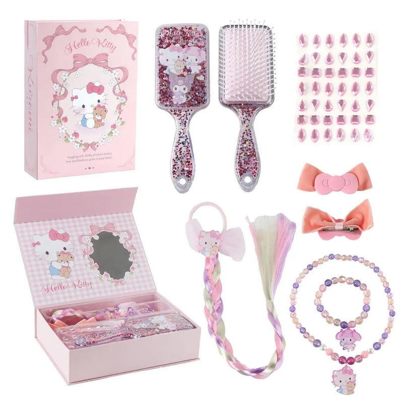 Hello Kitty beautyset meisjes met glitterborstel, nepvlecht, sieraden en roze cadeaudoos