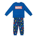 Marvel Avengers pyjama jongens blauw met Marvel logo en broek met superheldenprint vooraanzicht