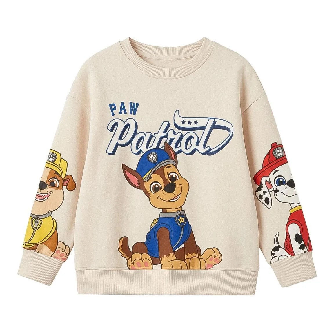 Paw Patrol sweater jongens crème met Chase op de voorkant en pups op de mouwen