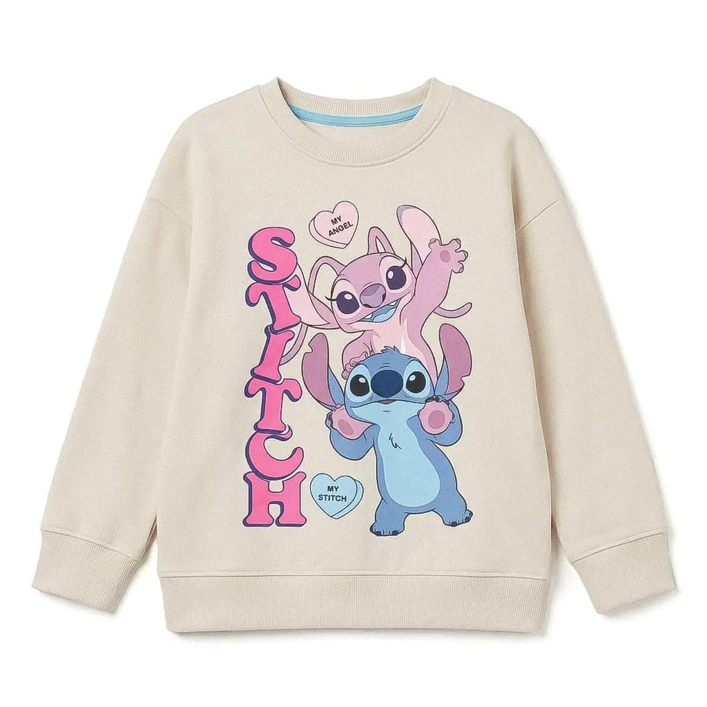 Disney Stitch en Angel sweater meisjes crème met figurenprint en roze STITCH letters vooraanzicht