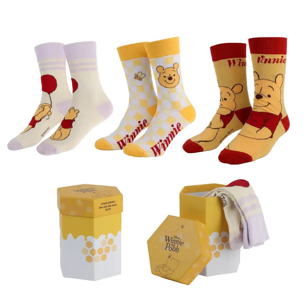 Disney Winnie the Pooh sokken 3 paar in geel, wit en lila met zeshoekige honingpot cadeaudoos